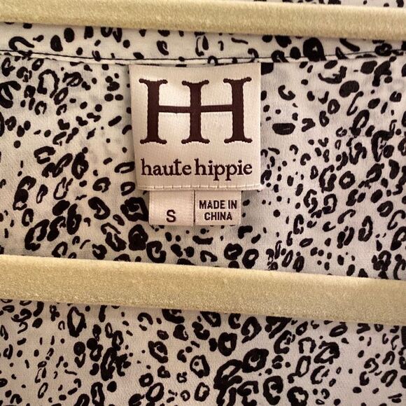 Haute Hippie Ditsy Leopard Black & White Silk Print Cowl Neck Top Blouse SZ S - Picture 2 of 10